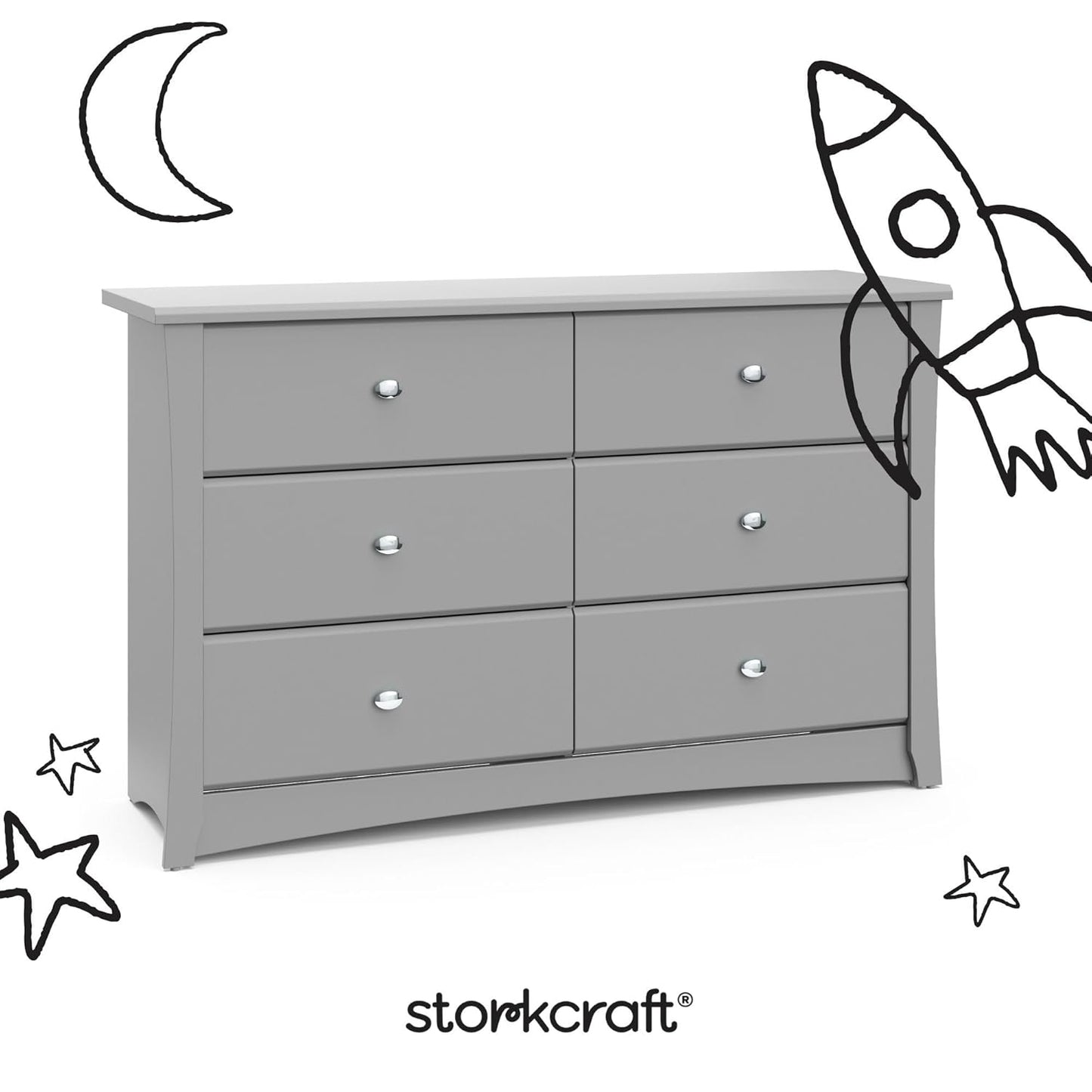 Storkcraft Crescent 6 Drawer Double Dresser (Pebble Gray) – GREENGUARD Gold Certified, Nursery Dresser for Kids Bedroom
