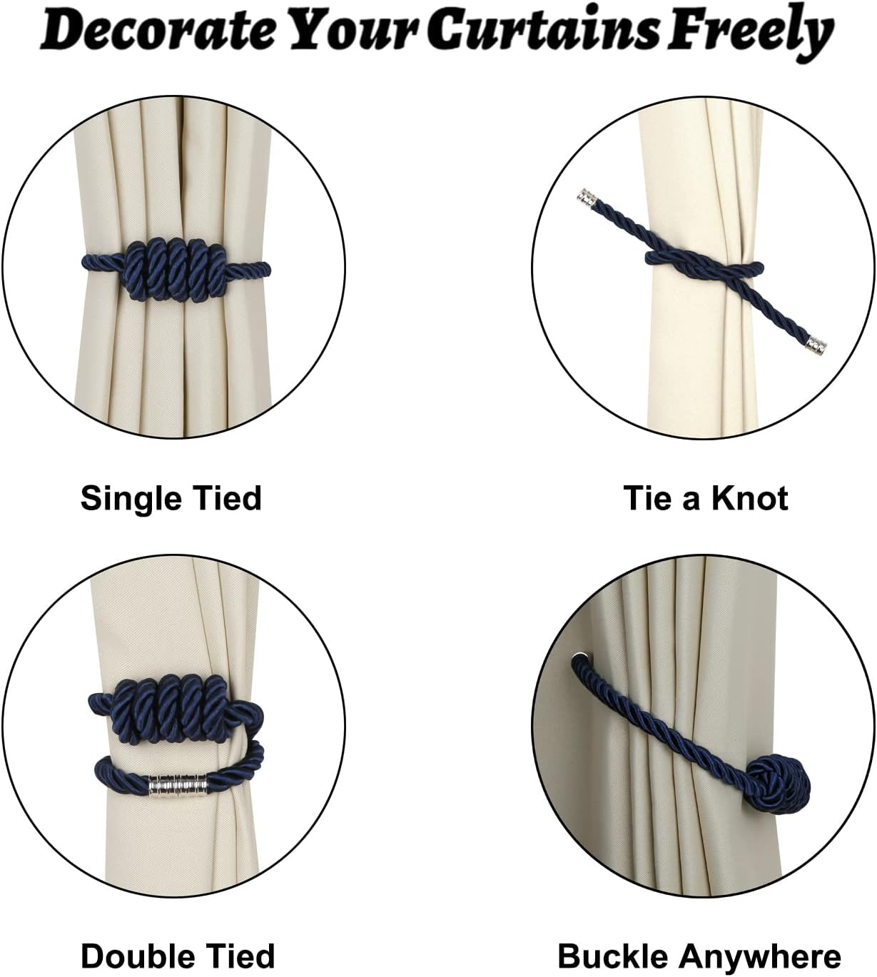 BEL AVENIR Magnetic Curtain Tiebacks, Decorative Drapery Holdbacks Modern Woven Tie-Backs with Exquisite Knot (Navy, 2 Pack)