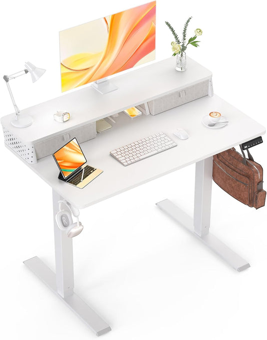 Small Standing Desk with Drawers and Brushless Motor,Electric Sit Stand Desk for Walking Pad,Ergonomic Stand Up Desk for Home Office & Gaming,3 Memory Height Preset & Hooks(40" x 24",White)