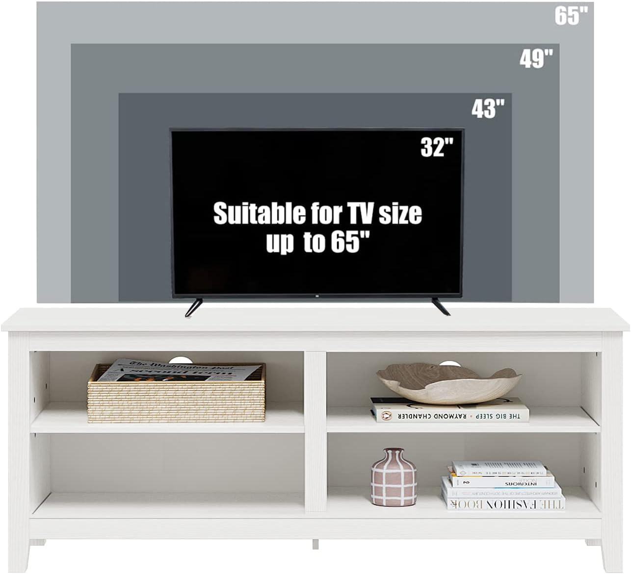 Modern TV Stand for 65 inch TV, White Wood TV Cabinet with 4 Open Storage Shelves, Fits 50-65 Inch TVs, 55 Inches W x 15 Inches D x 22.8 Inches H