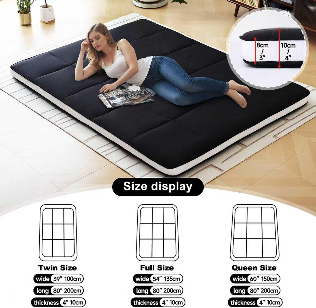 Tiita Japanese Floor Mattress, 4” Thicken Futon Mattress with Storage Bag and 2 Straps， Twin Size Sleeping Tatami Mat for Adults，Black