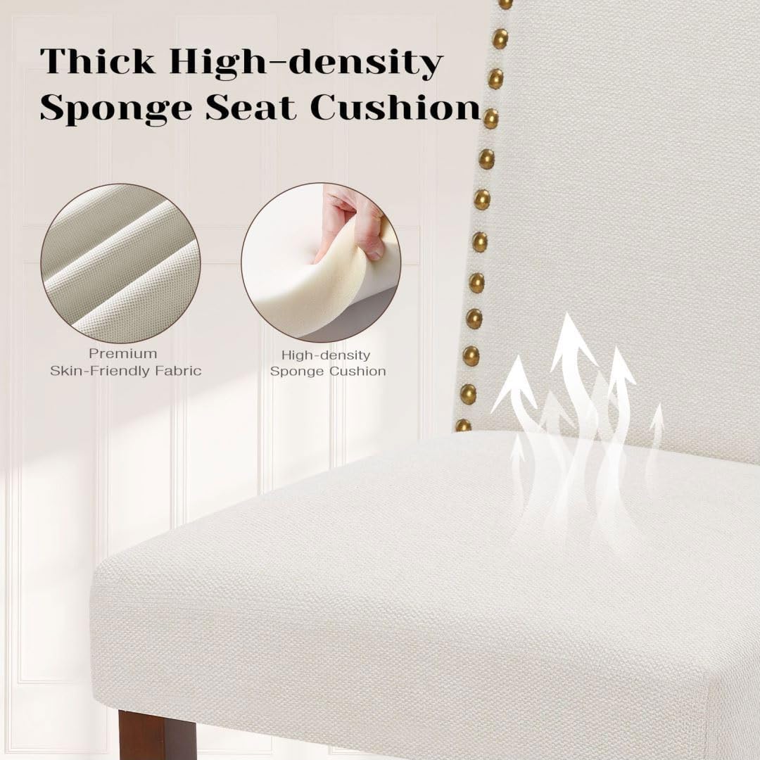 Kitchen Chairs Set of 2 Modern Upholstered Fabric Seat with Nailhead Trim and Ergonomic Lumbar Support for Living Room and Rustic Farmhouse Dining Area, Beige