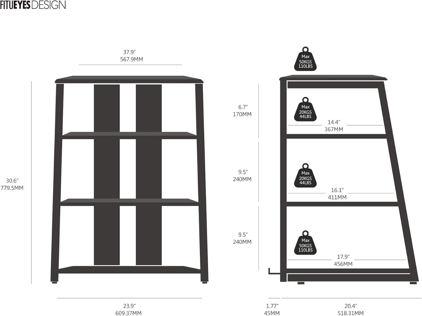 FITUEYES Design 4-Tier AV Media Stand Corner Shelf Stand Wooden Corner Shelves Component Cabinet Stereo Rack Audio Tower with Height Adjustable Wooden Shelves for/Xbox One/ps4 (Black)