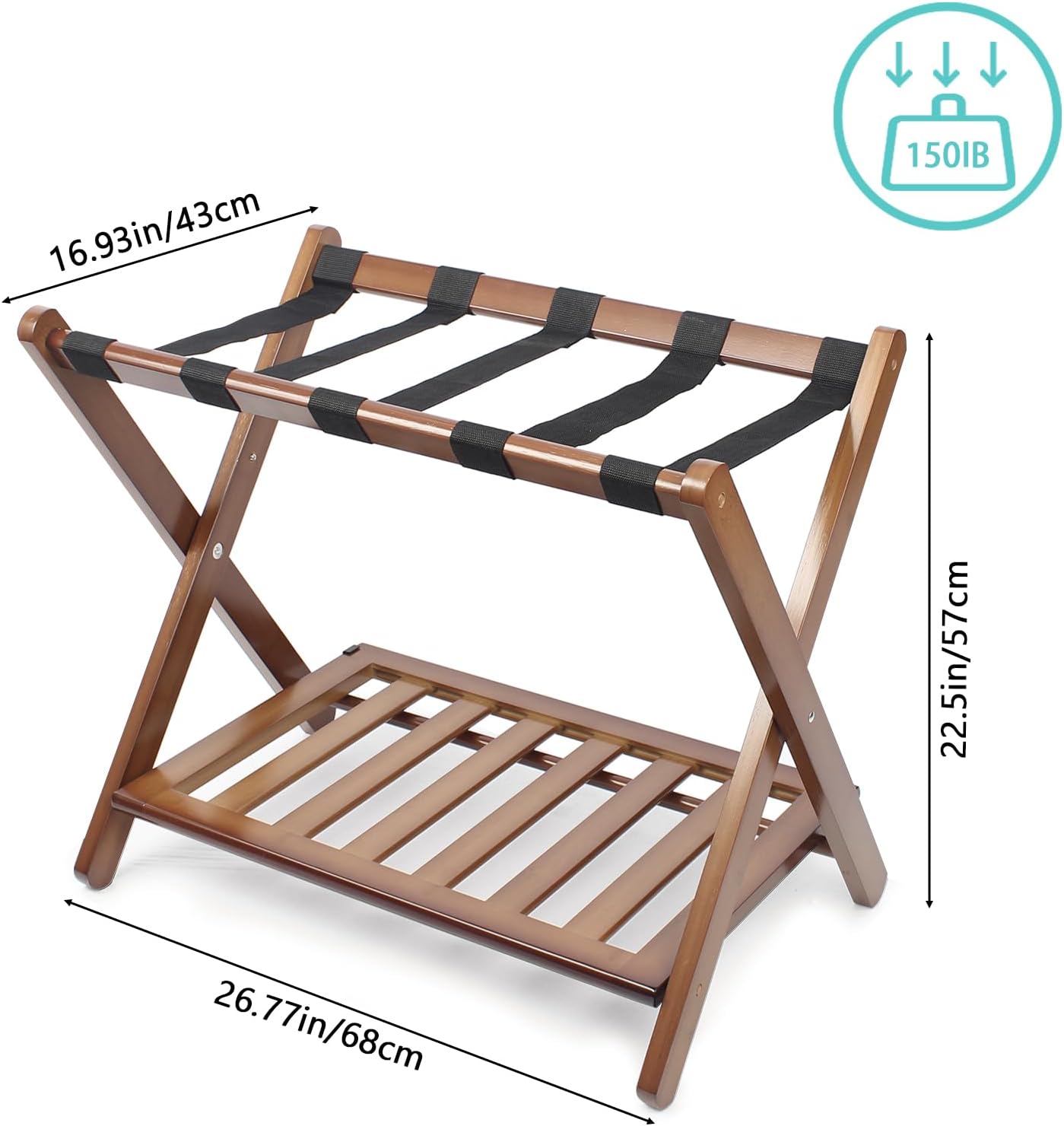 Fully Assembled Walnut Luggage Racks Set of 2, 5 Nylon Straps Folding Suitcase Stand, Bamboo Luggage Stands with Storage Shelf, Ideal for Guest Room, Bedroom, Hotel
