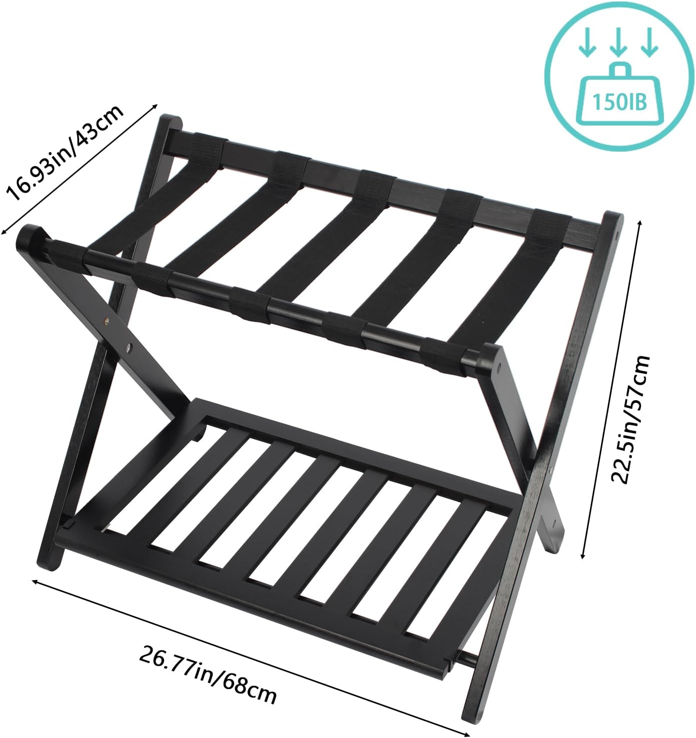 Fully Assembled Black Luggage Rack, Suitcase Stand with Shoe Shelf, Folding Wooden Luggage Stand for Guest Room, Bedroom, Hotel