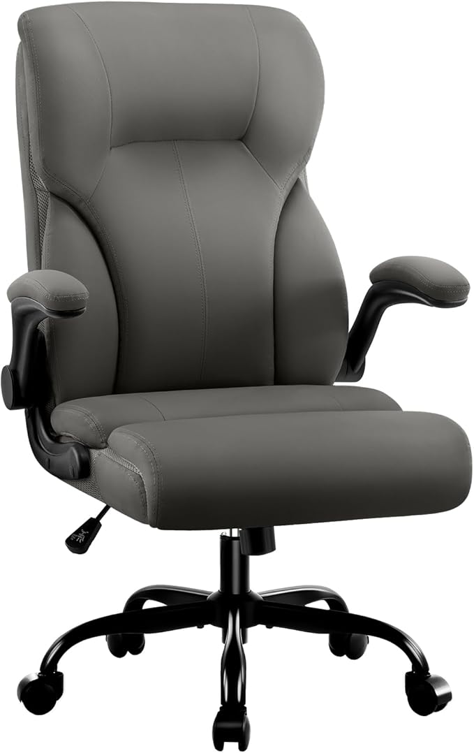 Executive Office Chair, High Back Ergonomic Comfy Desk Chair with Padded Flip-up Armrests and Wheels, PU Leather Heavy Duty Computer Swivel Rolling Task Chair for Home Office, Adults, Gray