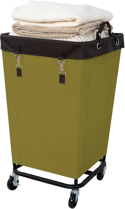 FLYBOX Laundry Hamper with Wheels, 160L Capacity, Steel Frame, Removable Canvas Bag, Dark Green