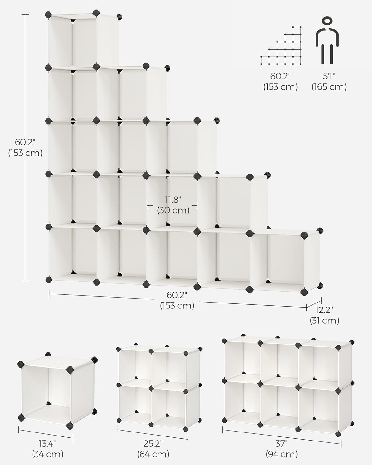 SONGMICS Cube Storage Organizer, Set of 16 Plastic Cubes, Closet Organizers and Storage, Room Organization, Bedroom Living Room, 12.2 x 48.4 x 48.4 Inches, Cream White ULPC442M01