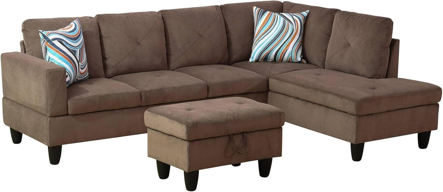 NicBex Sectional Couch 3 Pieces Sofa Set with Left Chaise Corduroy L Shaped Cloud Couch for Living Room Furniture Sets with Storage Ottoman, Modular Sofa for Living Room & Apartment, Brown