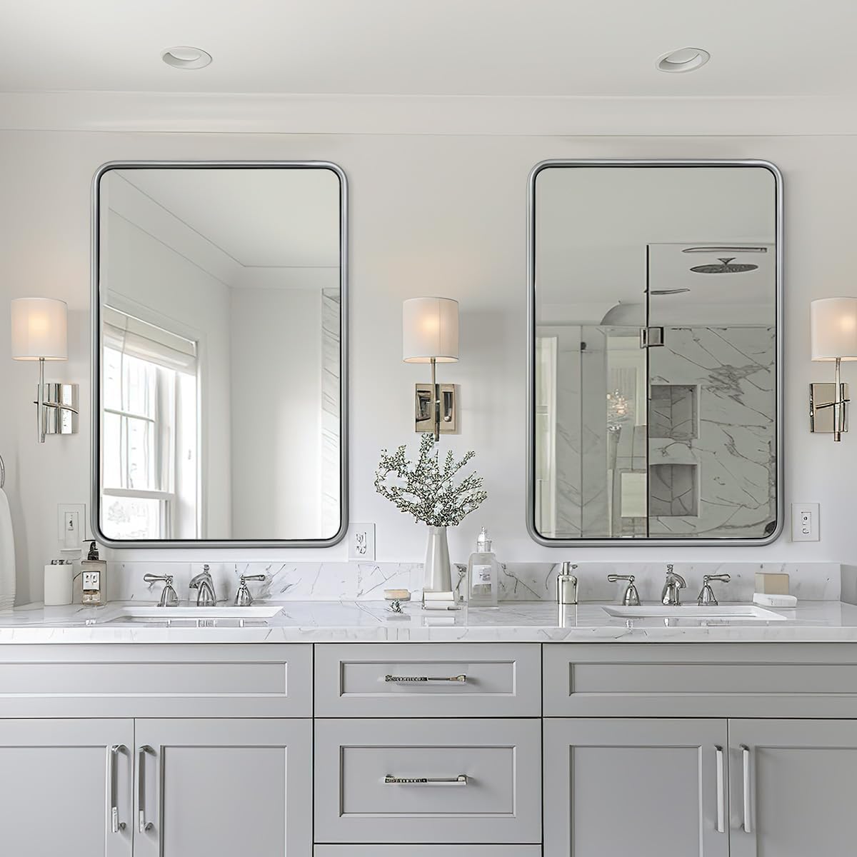 ANDY STAR 24x36 Brushed Nickel Bathroom Mirror, Stainless Steel Metal Frame with Rounded Corner Rectangle Bathroom Mirror for Over Sink, Modern Silver Mirror for Bathroom, Power Room, Living Room