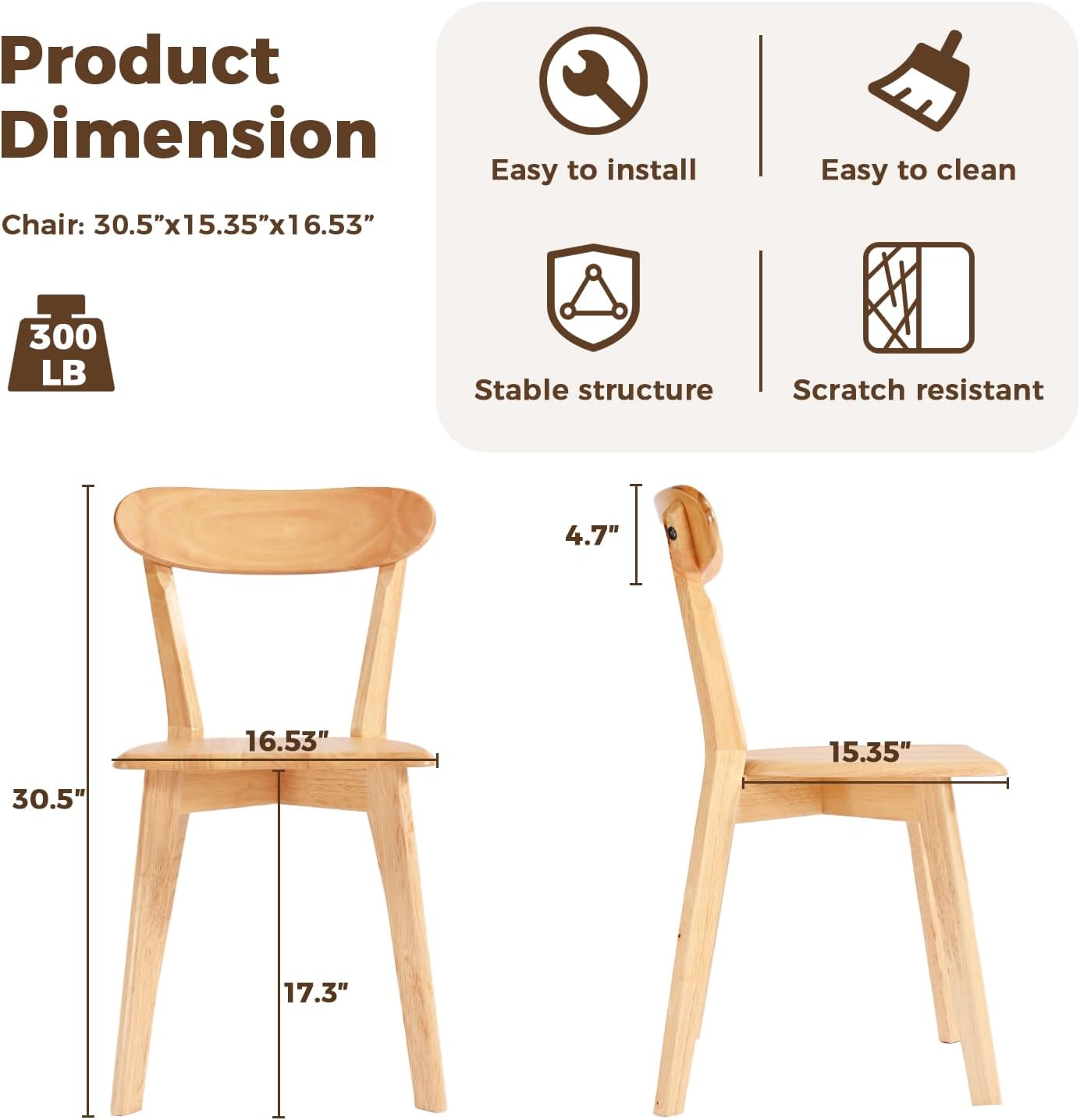 DELAVIN Soild Wood Dining Chairs Set of 2, Oak Wood Kitchen Chairs, Mid Century Modern Dining Room Chairs, Natural