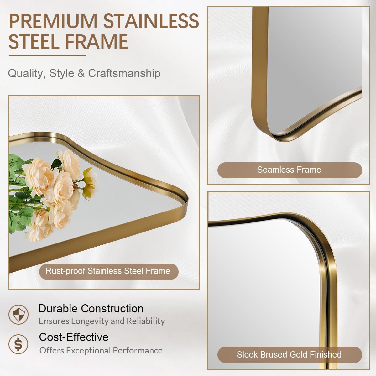 ANDY STAR 24x40 Inch Mirror, Brushed Gold Bathroom Mirror for Over Sink, Large Decorative Wall Mirror with Stainless Steel Frame, Anti-Rust, Italian Luxury Style Home Decor