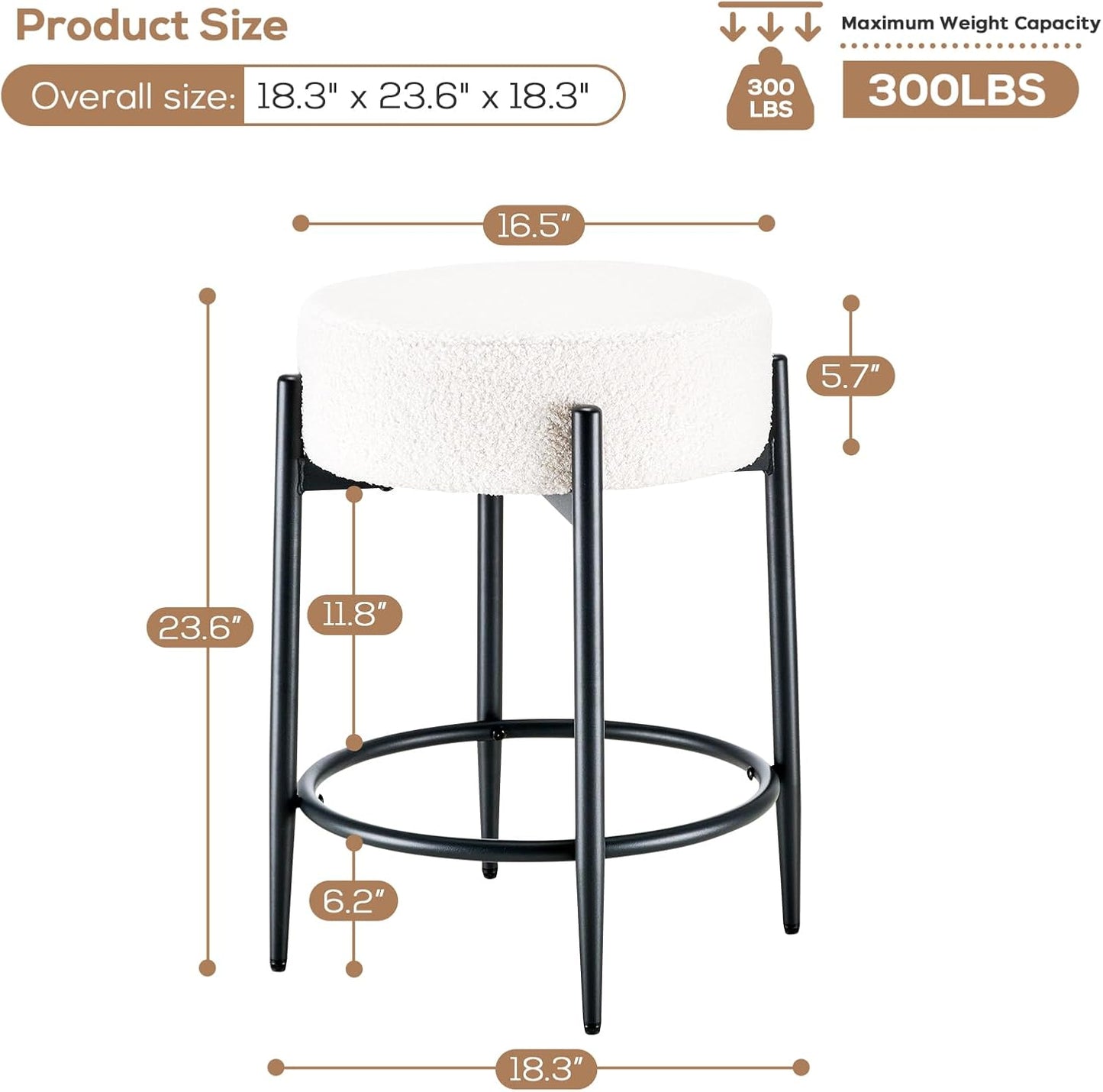 Dining Chairs Set of 2, 23.6" Backless Kitchen Living Room Chair，Mid Century Modern Chairs with Round Soft White Boucle Padded & Solid Metal Legs