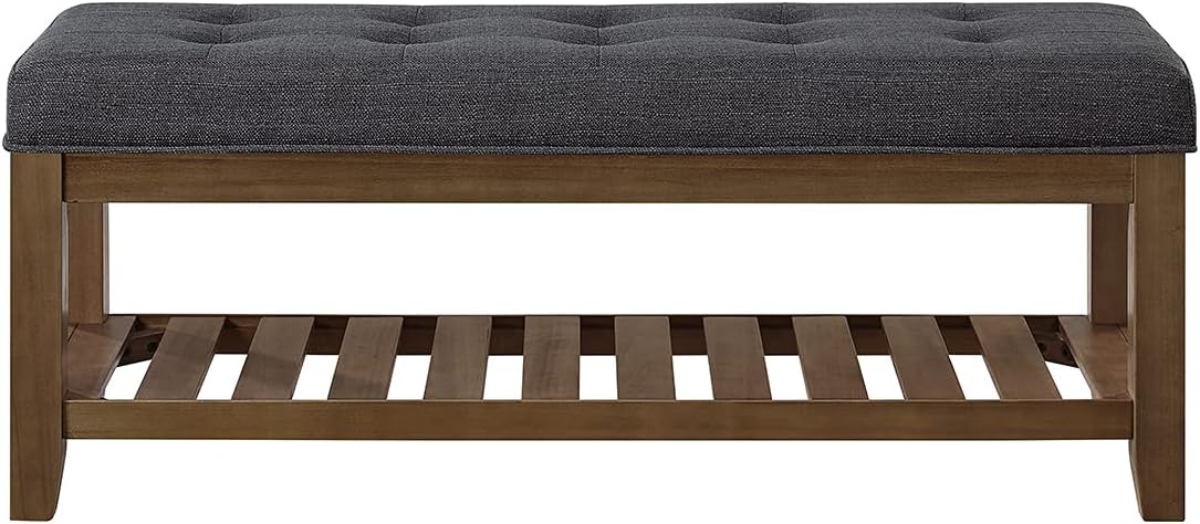 24KF Large Rectangular Upholstered Tufted Linen Fabric Ottoman Bench, Padded Bench with Solid Wood Shelf-Charcoal