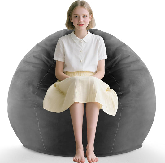 2FT Bean Bag Chair, Comfy Bean Bag Chairs with Memory Foam Filled, Fluffy Beanbag Sofa with Dutch Velvet Cover, Teardrop BeanBag Chairs for Living Room, Playroom - Grey