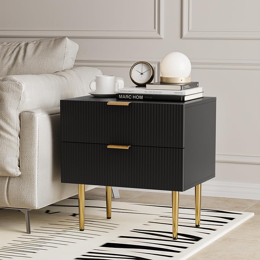 Black Nightstand for Bedroom, Fluted Night Stand Set of 2, Mid Century Modern Bedside Table with Gold Metal Legs