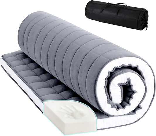 Tiita Japanese Floor Mattress Futon Mattress 4” Thick Folding Roll Up Sleeping Pad with Bag & Strap, Bed Topper Mat for Guest, Lounger and Tavel, Gray,Full Size