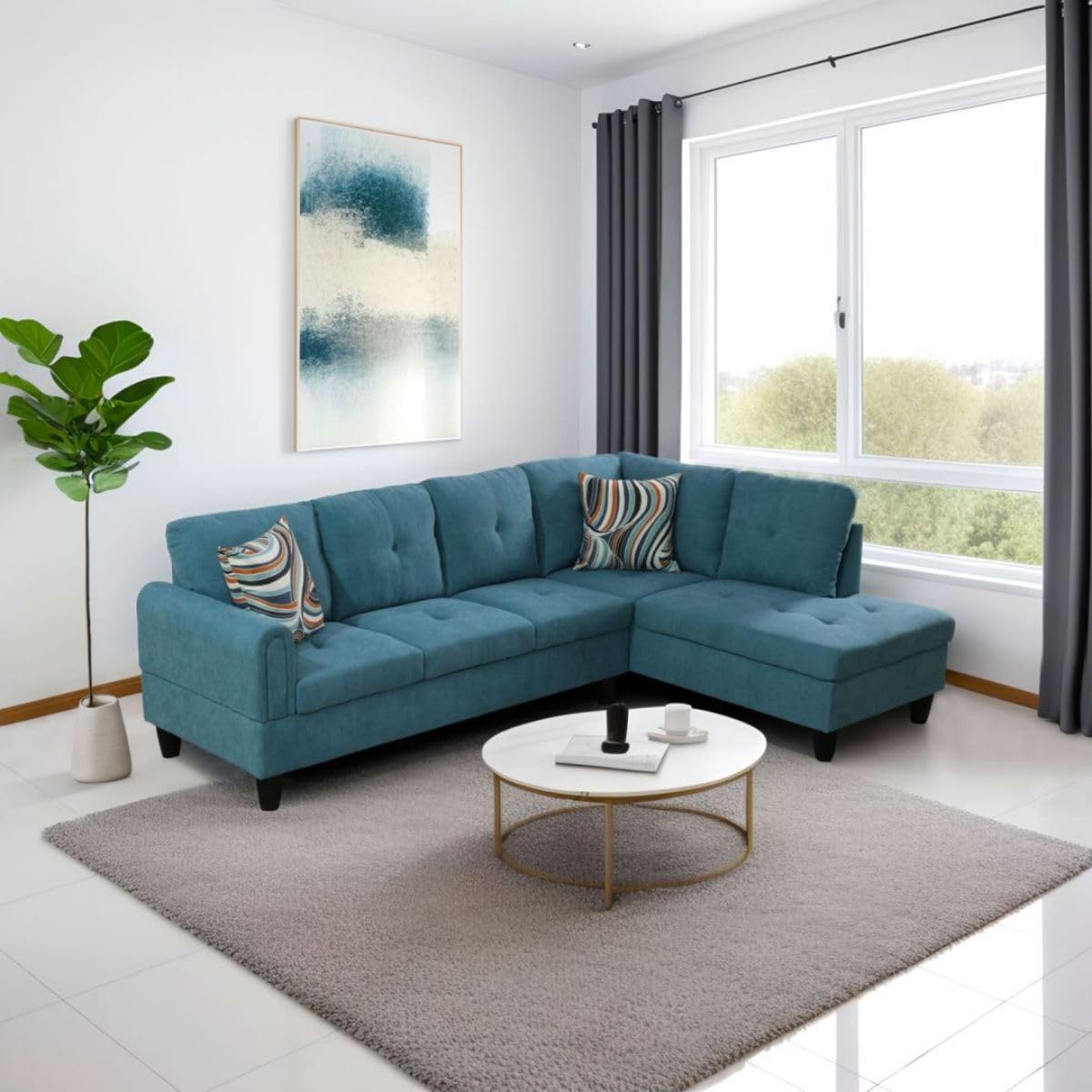 Green L-Shaped 3-Piece Flannel Sofa with Storage Ottoman Set, Sectional Couch Sofa Set for Living Room, Office, Small Space