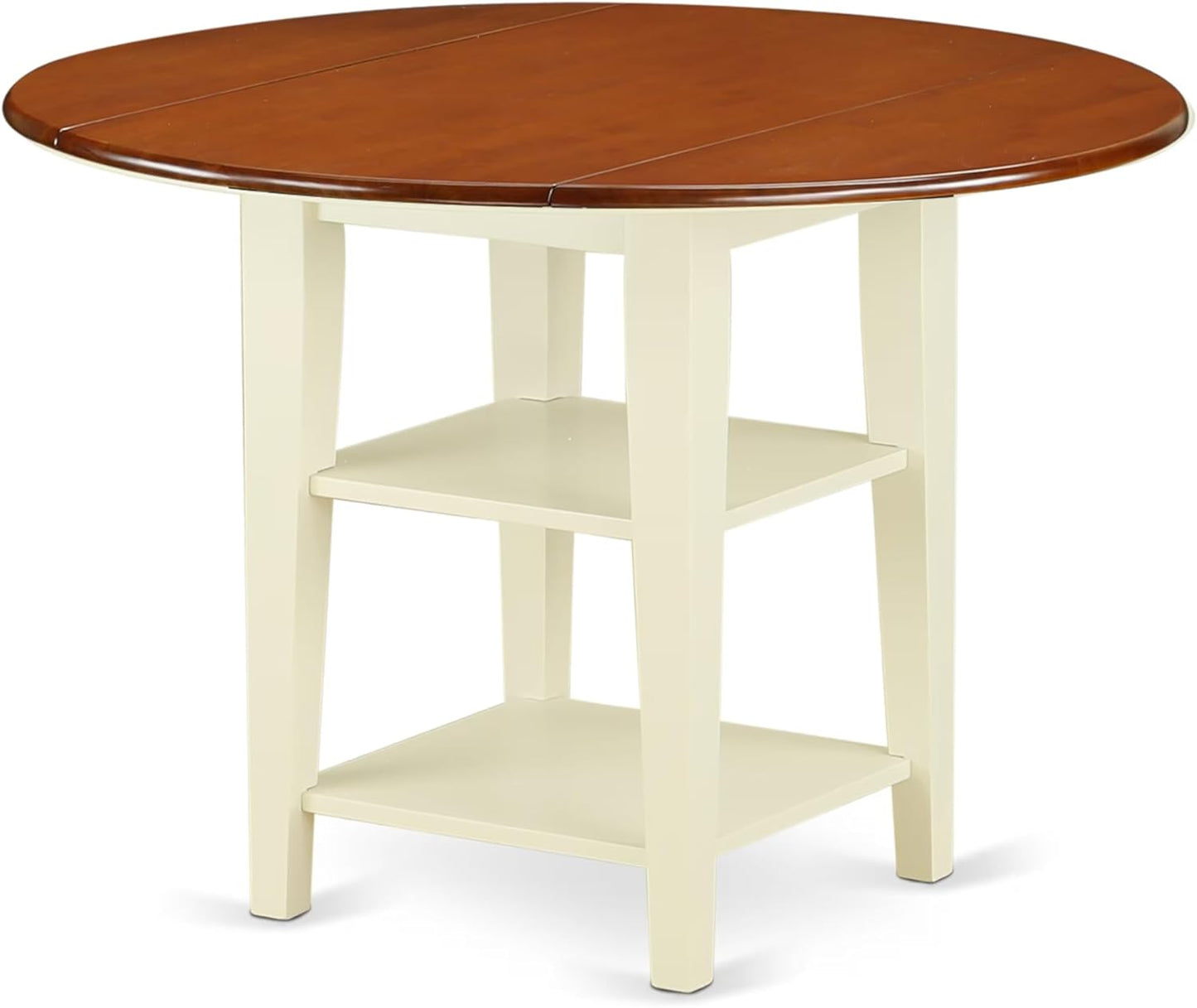 East West Furniture SUNI5-BMK-W 5 Piece Modern Dining Table Set Includes a Round Wooden Table with Dropleaf & Shelves and 4 Dining Room Chairs, 42x42 Inch, Buttermilk & Cherry