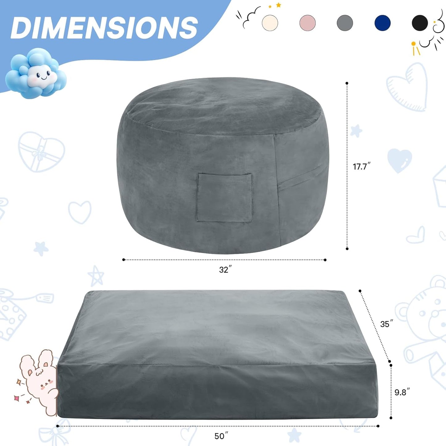 Kids Bean Bag Chair Bed - Convertible Lazy Chair to Floor Mattress with Filler - Small Beanbag Chair for Boys and Girls - Floor Couch Sofa in Bedroom, Classroom, Reading Nook - Charcoal