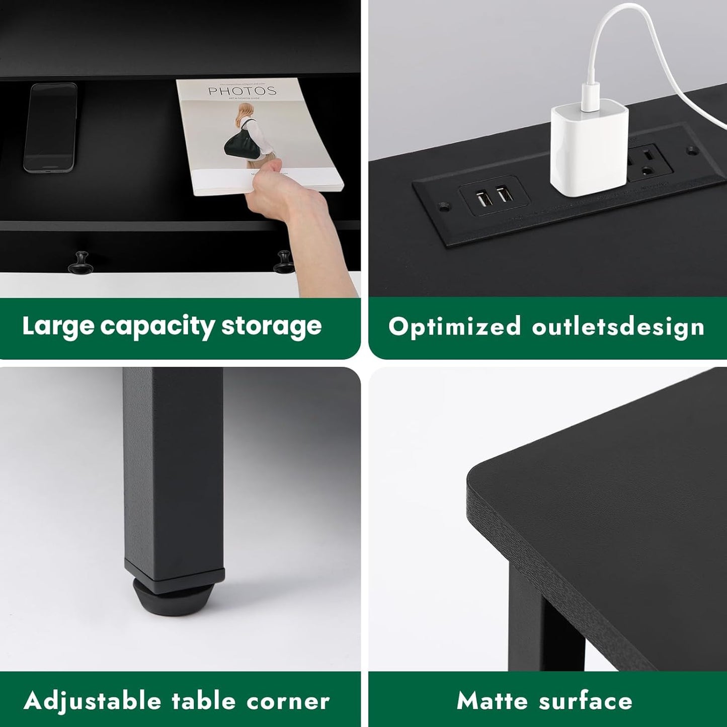 27 Inch Wide Night Stand, Large Wood Night Stand with 2 Drawer, LED Nightstand with Charging Station and Adjustable Drawer, Bedside Table for Living Room/Bedroom/Study/Office, Black.