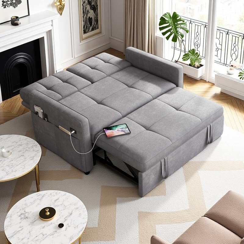 DWVO 55" Convertible Sofa Bed, 3-in-1 Sleeper Sofa with Pull-Out Couch, Velvet Futon Couch with Adjustable Backrest and USB, Modern Loveseat for Living Room Apartment, Light Grey