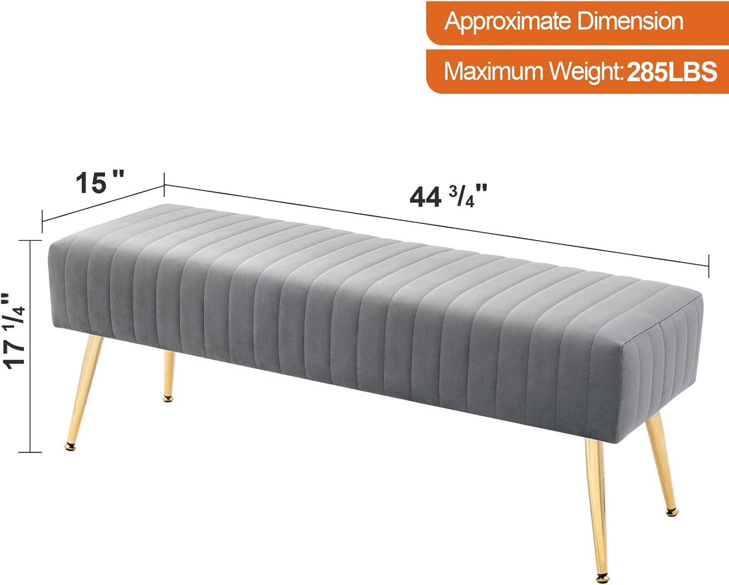 Furniliving 44 Inch Bedroom Benches, Upholstered Tufted Striped Fabric Ottoman Bench with X-Shaped Metal Legs for Living Room, Solid Wood Indoor Bench for Foyer (Grey)