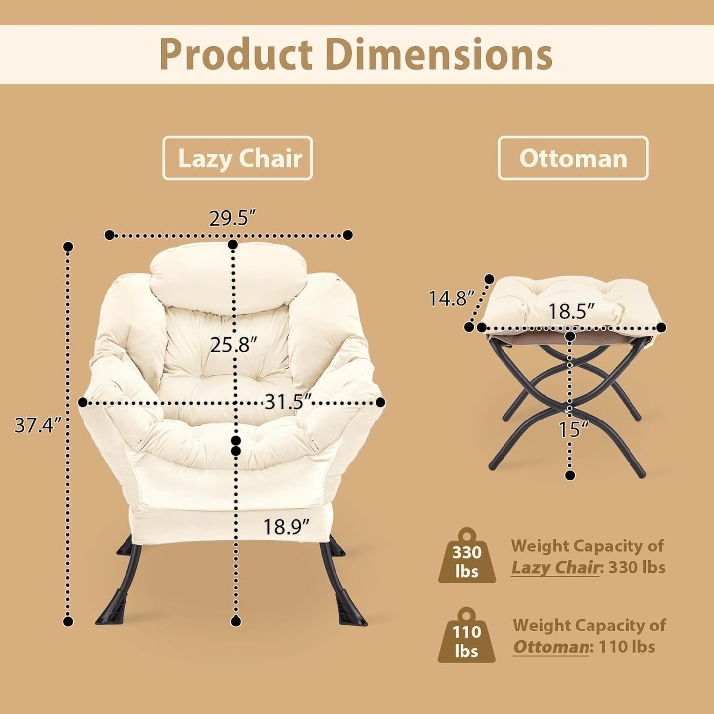 Lazy Chair with Folding Ottoman, Accent Chair Velvet Upholstered with Metal Structure and Non-Slip Pads, Sofa Armchair with Footrest and Side Storage Bag for Dorm, Room, Office, Beige