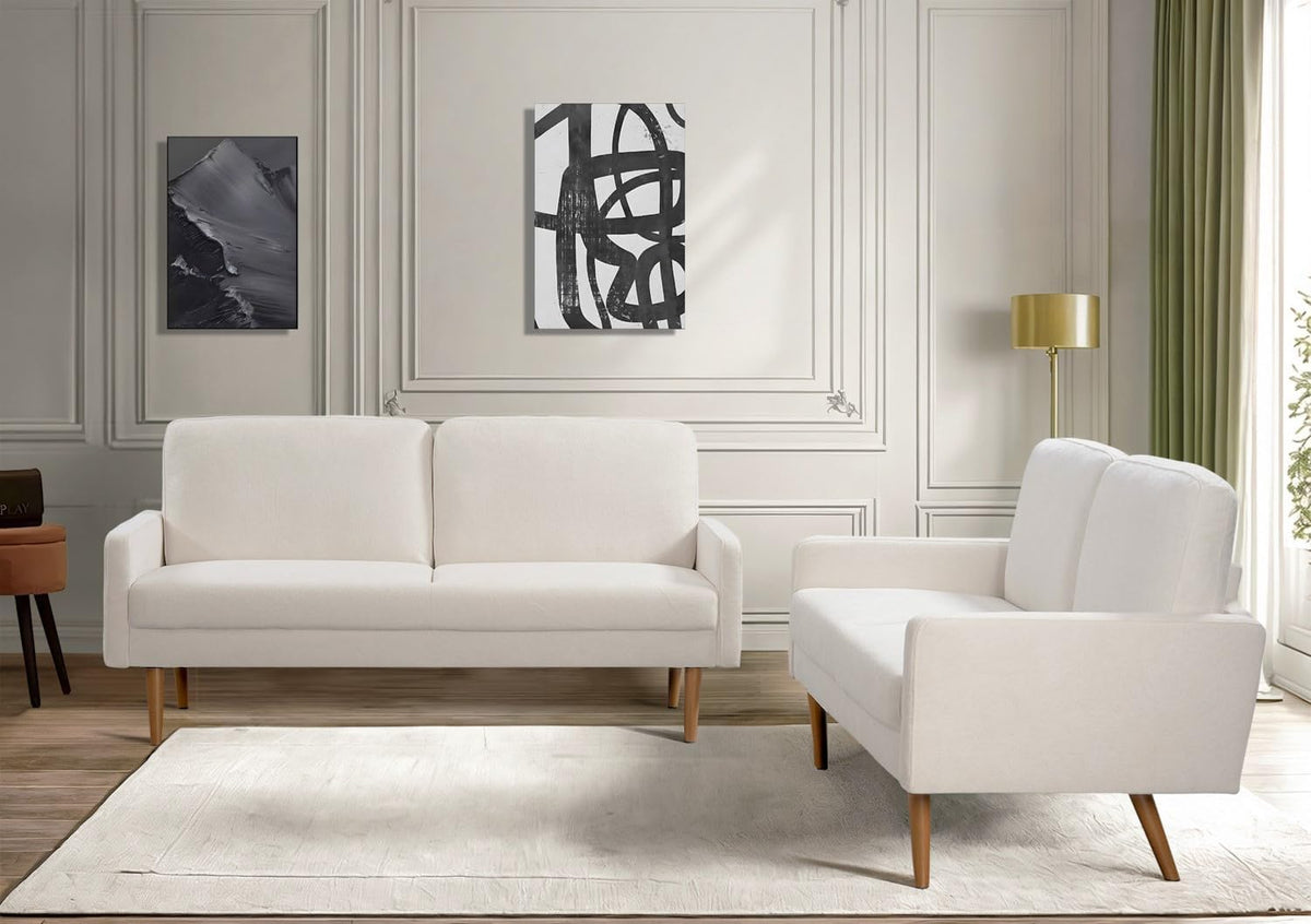 Kent 2 Piece Velvet Sofa and Loveseat Set, European Style with Modern & Vintage Flair, Upholstered 5 Seater Couch, Chic Living Room Furniture Seating for Home, Apartment or Office, Ivory