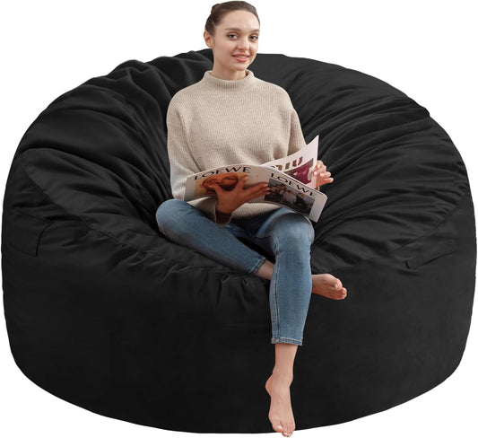 4FT Bean Bag Chair, Large Bean Bag Chairs with Memory Foam Filled, Fluffy Beanbag Sofa with Dutch Velvet Cover, Round BeanBag Chairs for Living Room, Playroom - Black