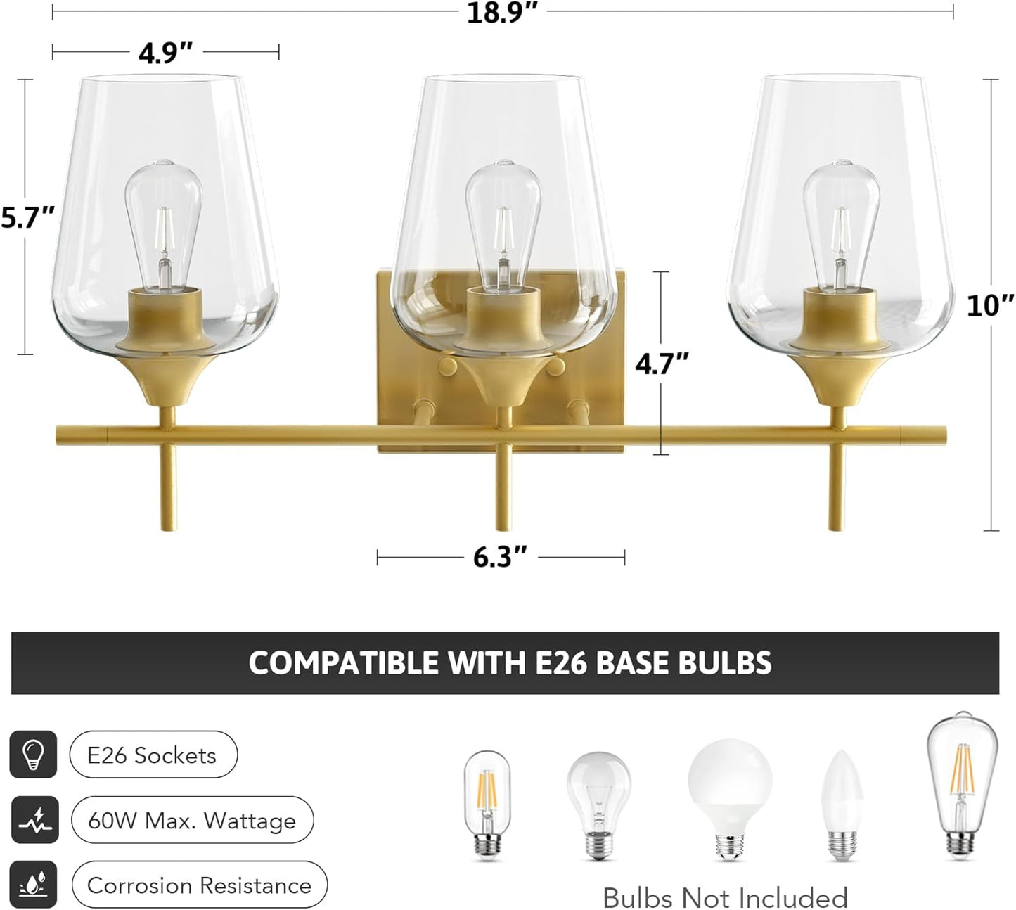 VONLUCE Bathroom Vanity Light, 3 Light Bathroom Light Fixture Over Mirror, Bathroom Wall Lamp with Clear Glass, Modern Gold Vanity Lighting fixtures for Bathroom, Bedroom, Hallway