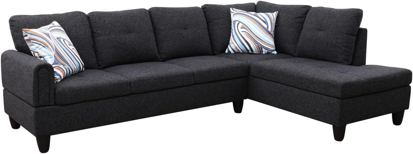 Black Grey L-Shaped 3-Piece Linen Sofa with Storage Ottoman Set, Sectional Couch Sofa Set for Living Room, Office, Small Space