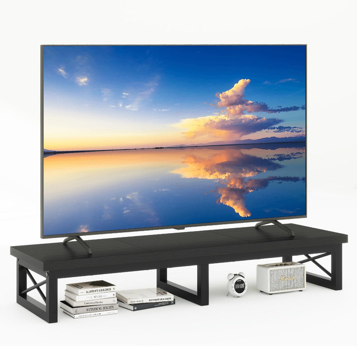 IBUYKE 45" Large TV Riser for 32-60 inch TV,Tabletop Short TV Stand with Storage and Steel Legs,Dual Screen Office Desk,Stand Riser,TV Riser Stand for Home,Bedroom,Living Room,Black TVT002B