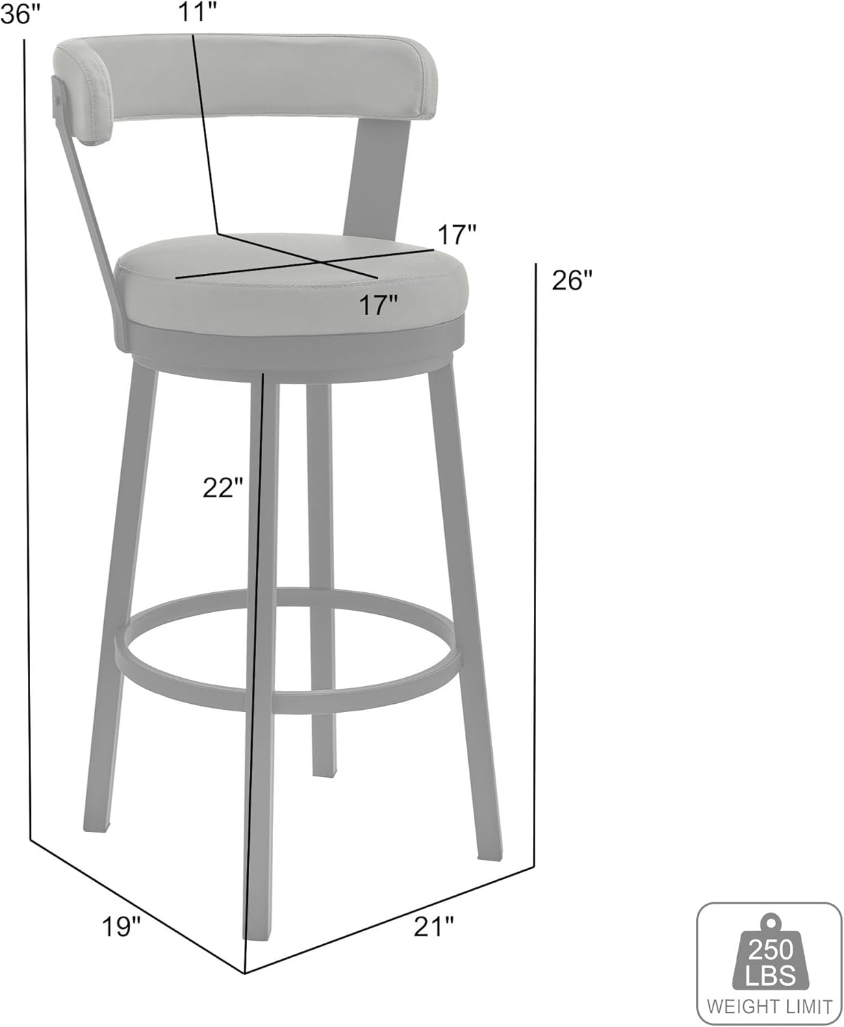 Armen Living Bryant Modern 26" Seat Height Black Faux Leather and Brushed Stainless Steel Metal Swivel Bar Stool for Kitchen Island Counter