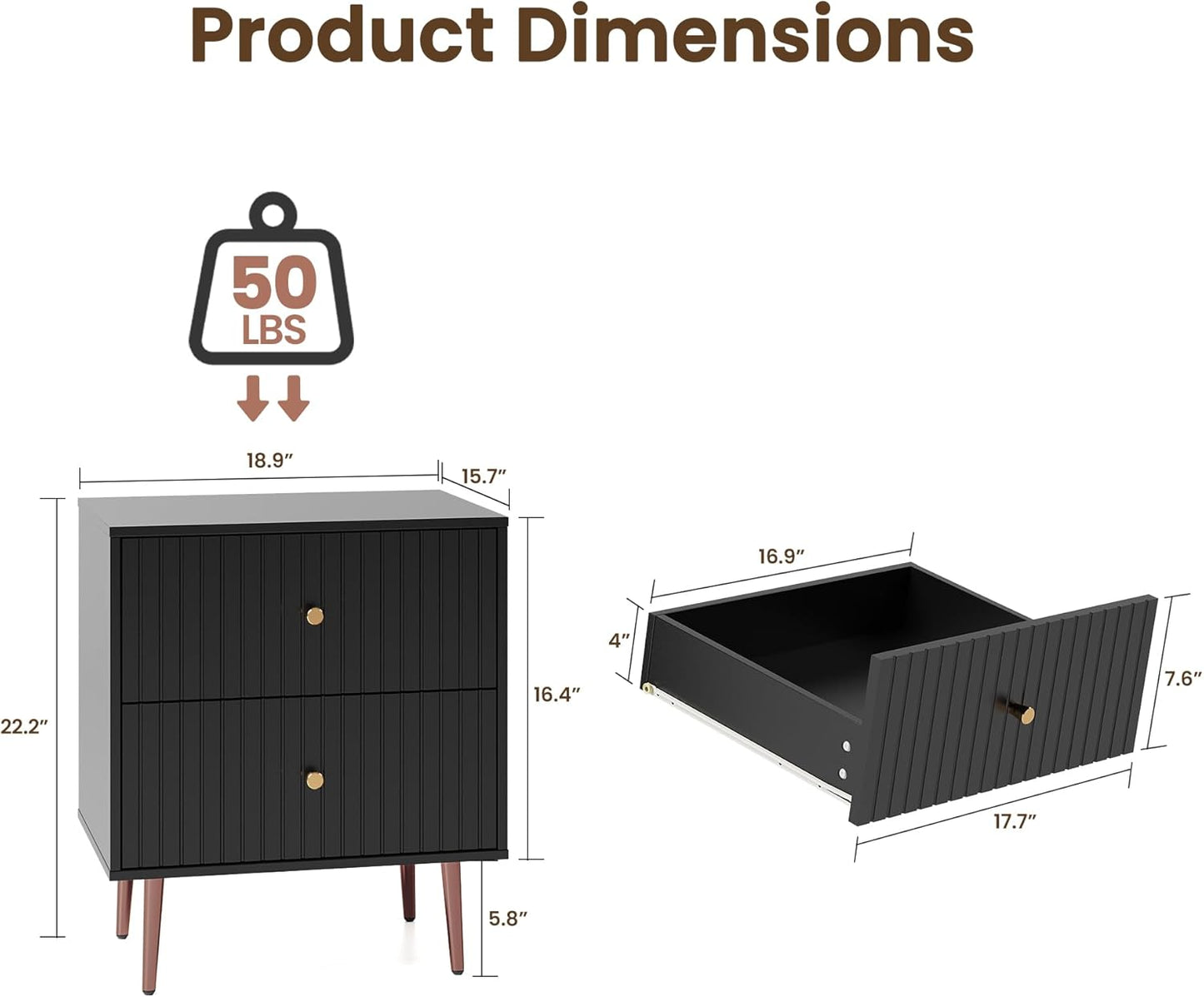 Black Night Stand Set 2,Modern Bedside Table with 2 Drawers Storage,Fluted Nightstand and Wood End Side Table with Rose Gold Metal Legs and Handles for Bedroom,Black