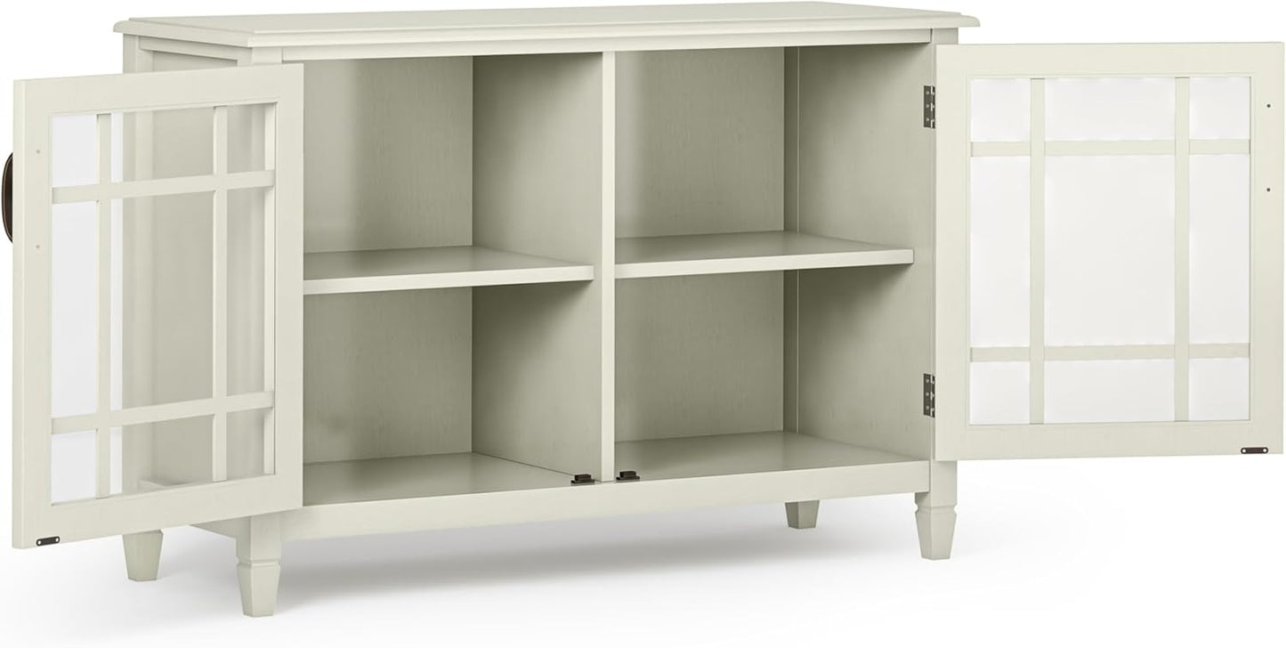 SIMPLIHOME Connaught Solid Wood 46 Inch Wide Traditional Low Storage Cabinet in Antique White, for The Living Room, Entryway and Family Room