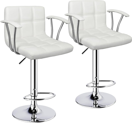 Bar Stools Set of 2,Armrest Adjustable Swivel Barstools with Back,Double Needle PU Leather Counter Height Bar Stools for Kitchen Island, White