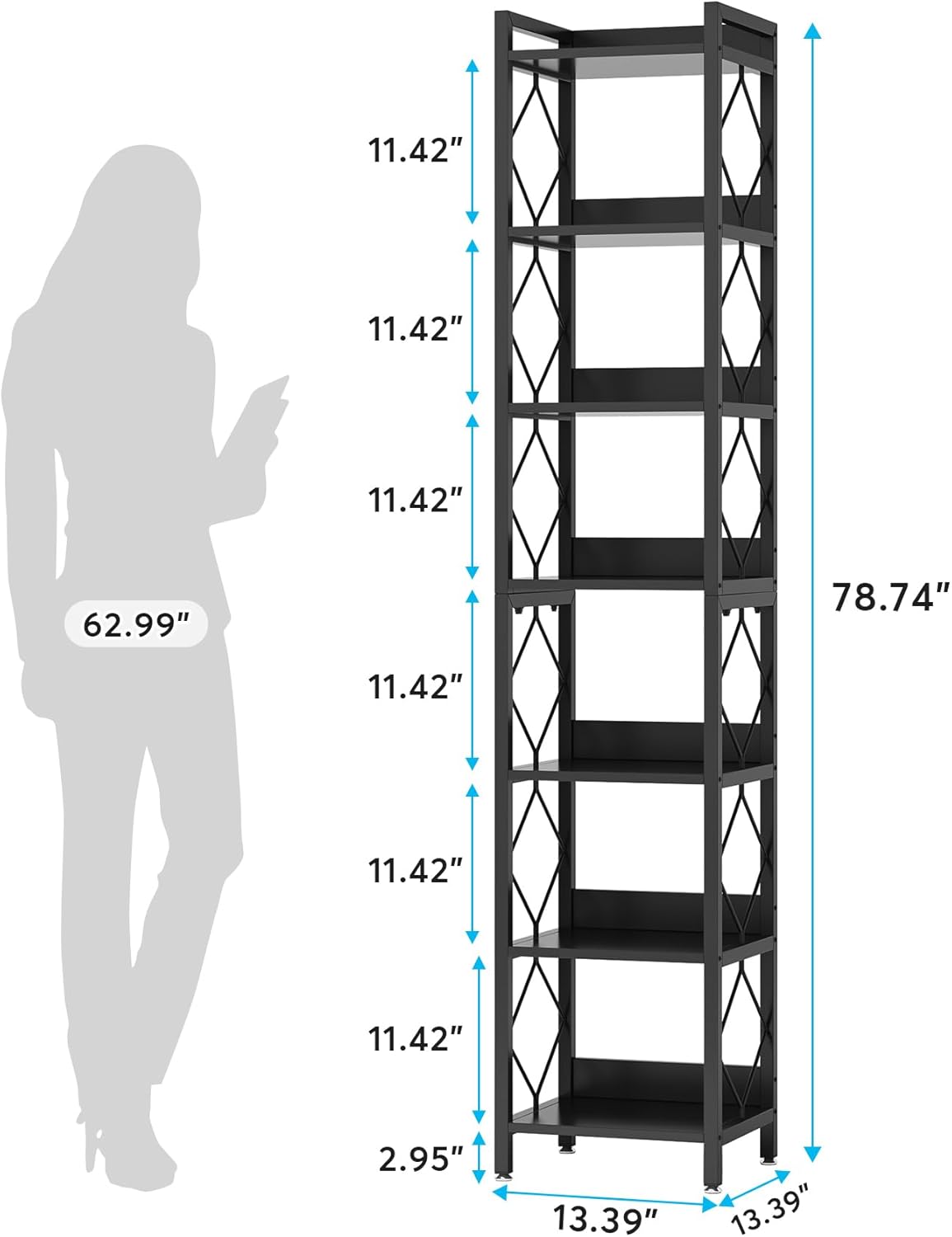 Tribesigns 78.7 Inch Extra Tall Narrow Bookshelf, 7 Tier Skinny Bookcase for Small Spaces, Freestanding Display Shelves, Multifunctional Corner Storage Organizer for Home Office, Black