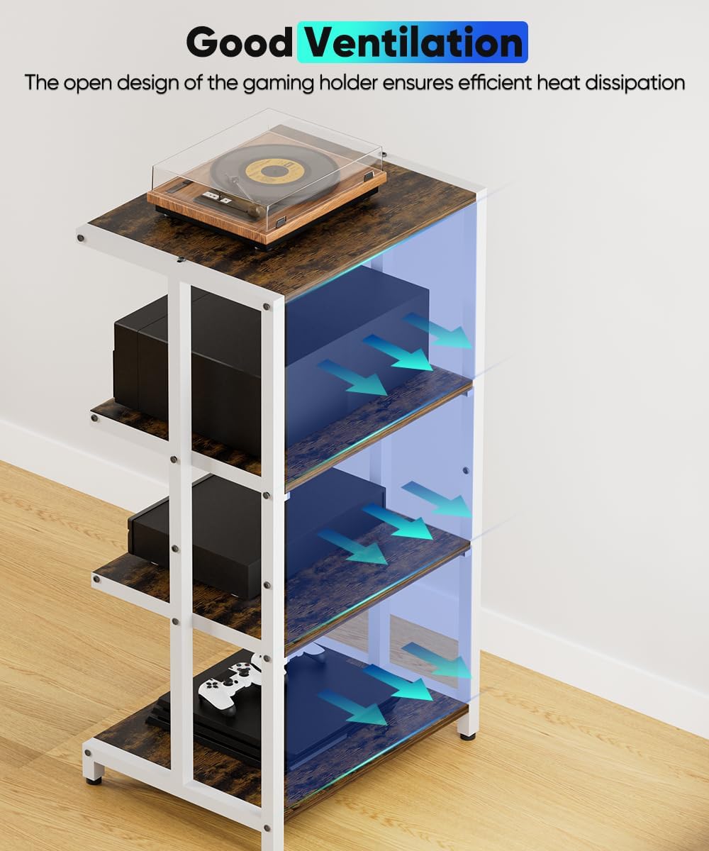 4-Tier Wooden Media Stand, AV Media Stand Corner Shelf for TV Accessories/Audiovisual Equipment/Optical Disc/PS4, Audio Storage Rack for Living Room, Gaming Room, Music Studio, White