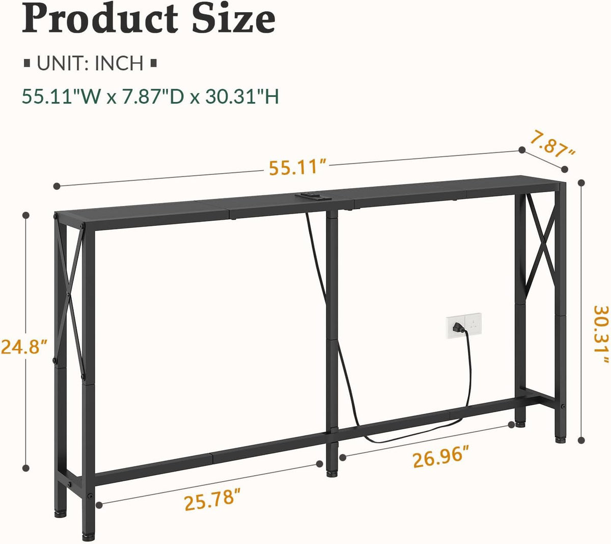 55.1" Narrow Sofa Table, Console Table with Oulets & USB Ports, Entryway Table, Industrial Couch Table for Hallway, Living Room, Bedroom, 6.5 Feet Power Cord,Black