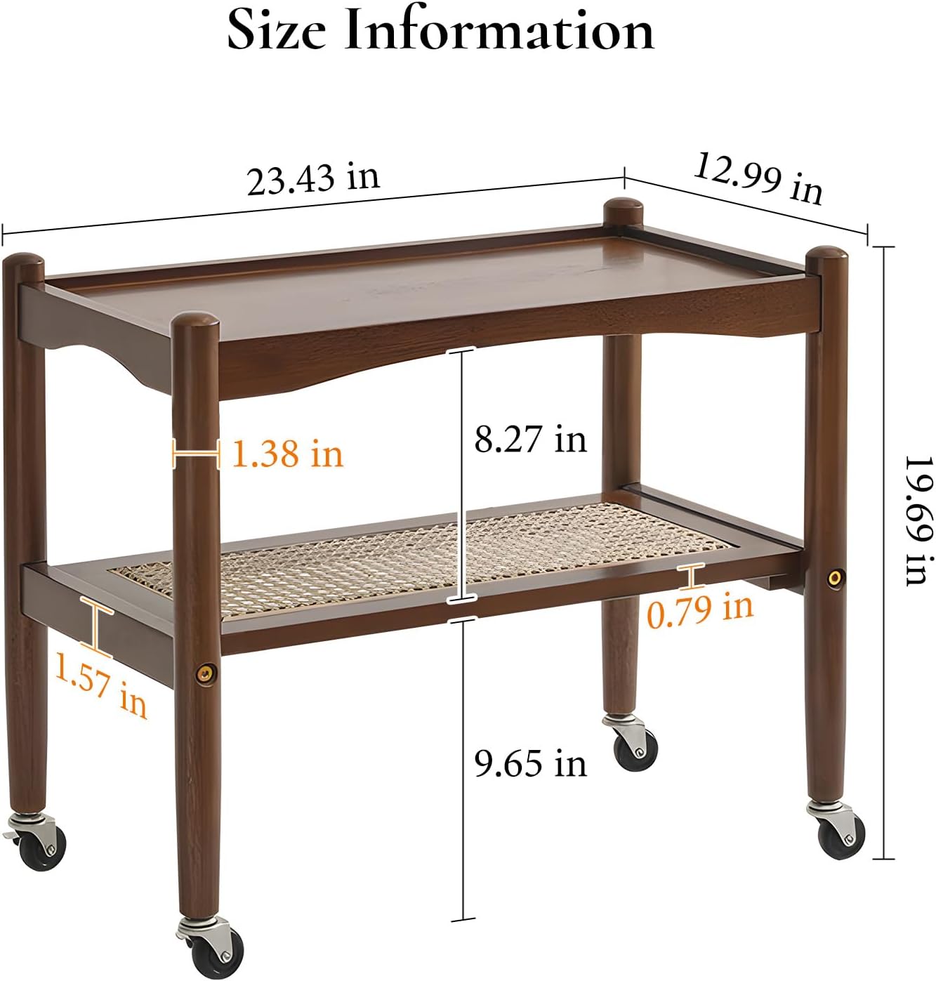Rattan Side Table with Wheels, Small End Table with Storage, Narrow Wooden Bed Side Table for Living Room, Modern Slim Sofa Nightstand, 23.43" W*12.99" D*19.69" H, (Walnut)