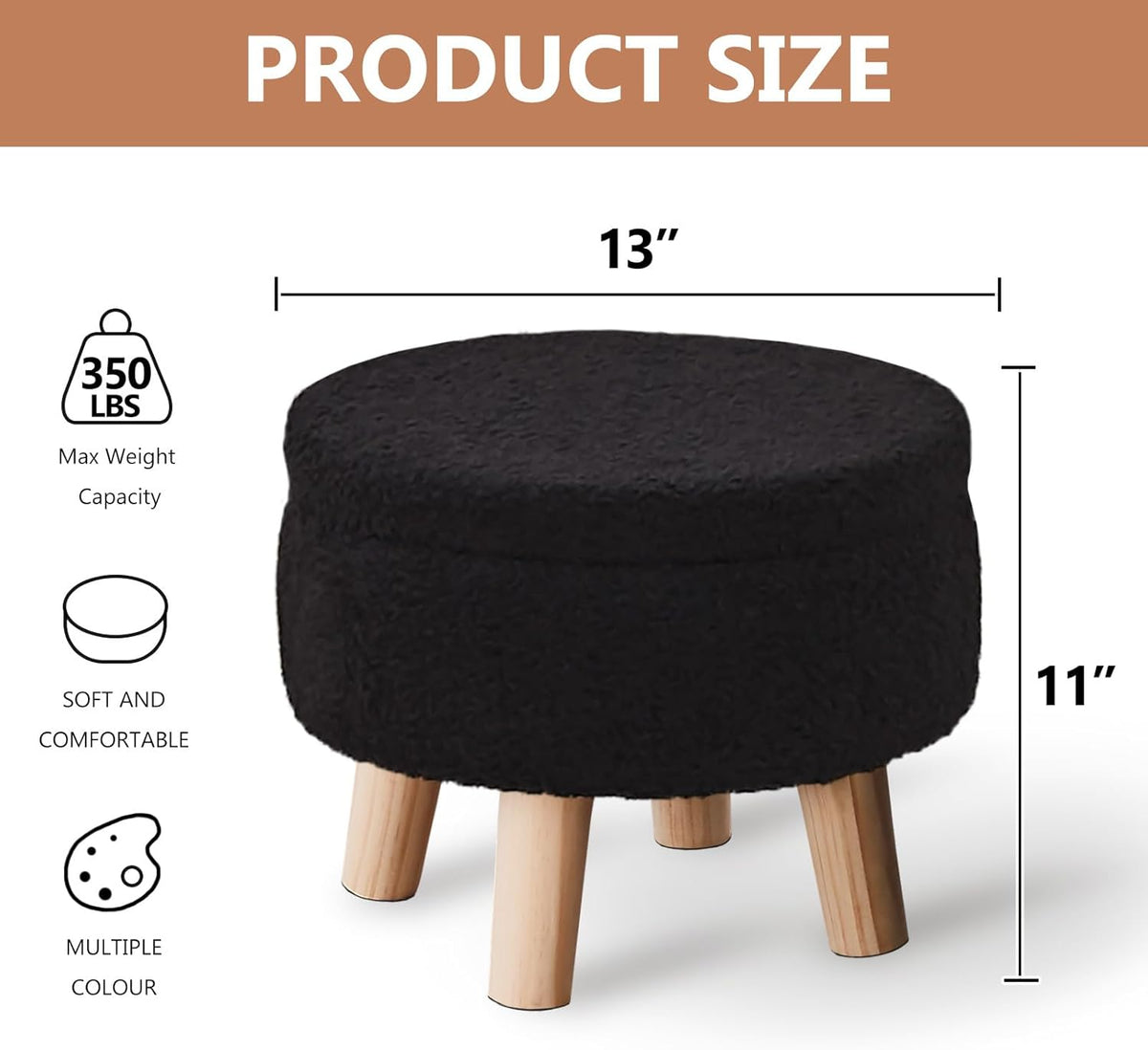 Wimarsbon Storage Ottoman, Modern Round Footrest with Soft Padded Seat, Teddy Velvet Footstool with Wood Legs, Accent Small Table or Plant Stand for Hallway, Living Room (Black)