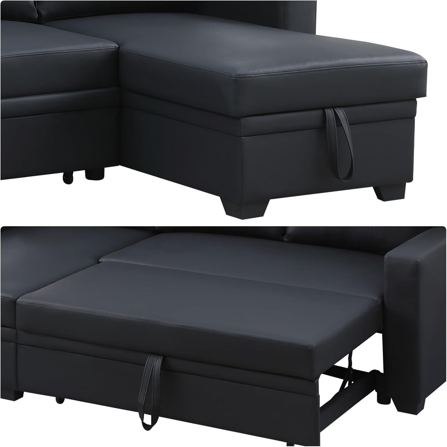 L-Shape Sofa Bed, 82" Sectional Couch with Storage Chaise, Pull Out Sleeper Sofa with Removable Back Cushions, Convertible Corner Couch for Living Room Apartment, Black