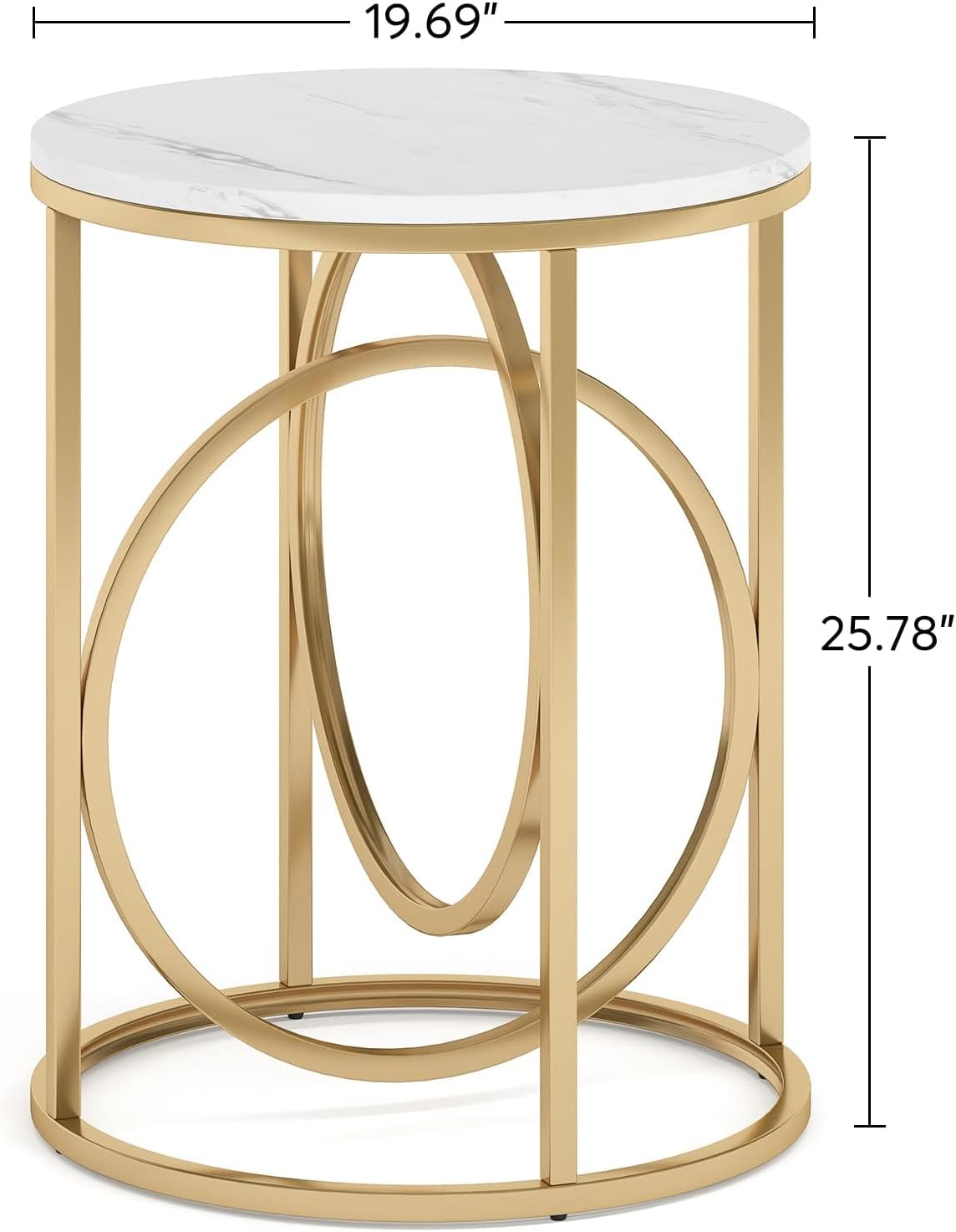Tribesigns Round End Table for Living Room, Modern Marble Side Table with Gold Metal Frame, White and Gold Accent Table, 26-Inch Tall Narrow Nightstand for Bedroom