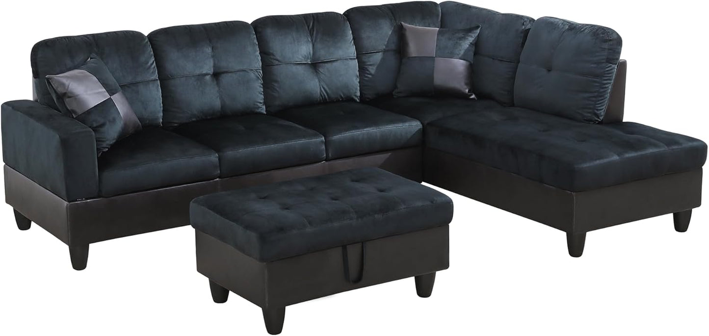 NicBex Sectional Couch 3 Pieces Sofa Set with Left Chaise Lint PVC L Shaped Cloud Couch for Living Room Furniture Sets with Storage Ottoman, Modular Sofa for Living Room & Apartment, Dark Blue+Brown