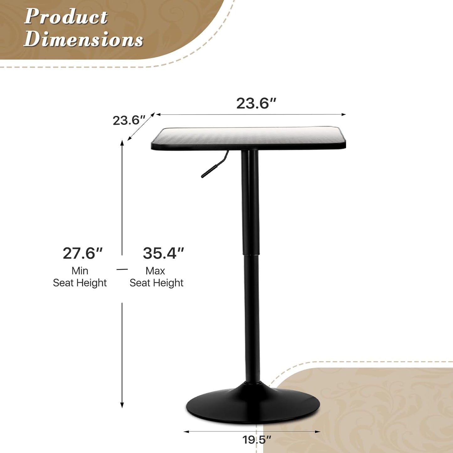 Athena Collection Modern Bar Table Square Top Height Adjustable, Tall Bistro Pub Cocktail Table Height Top and Sturdy Base, Suitable for Home Kitchen Pub Restaurant Outdoor, Silver