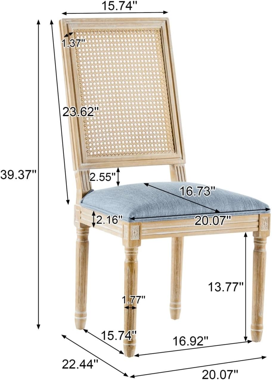 Merax Upholstered Solid Wood Dining Chairs Set of 4, French Country Style Accent Side Seating Furniture for Kitchen, Living Room, Wicker Back, Slate Blue
