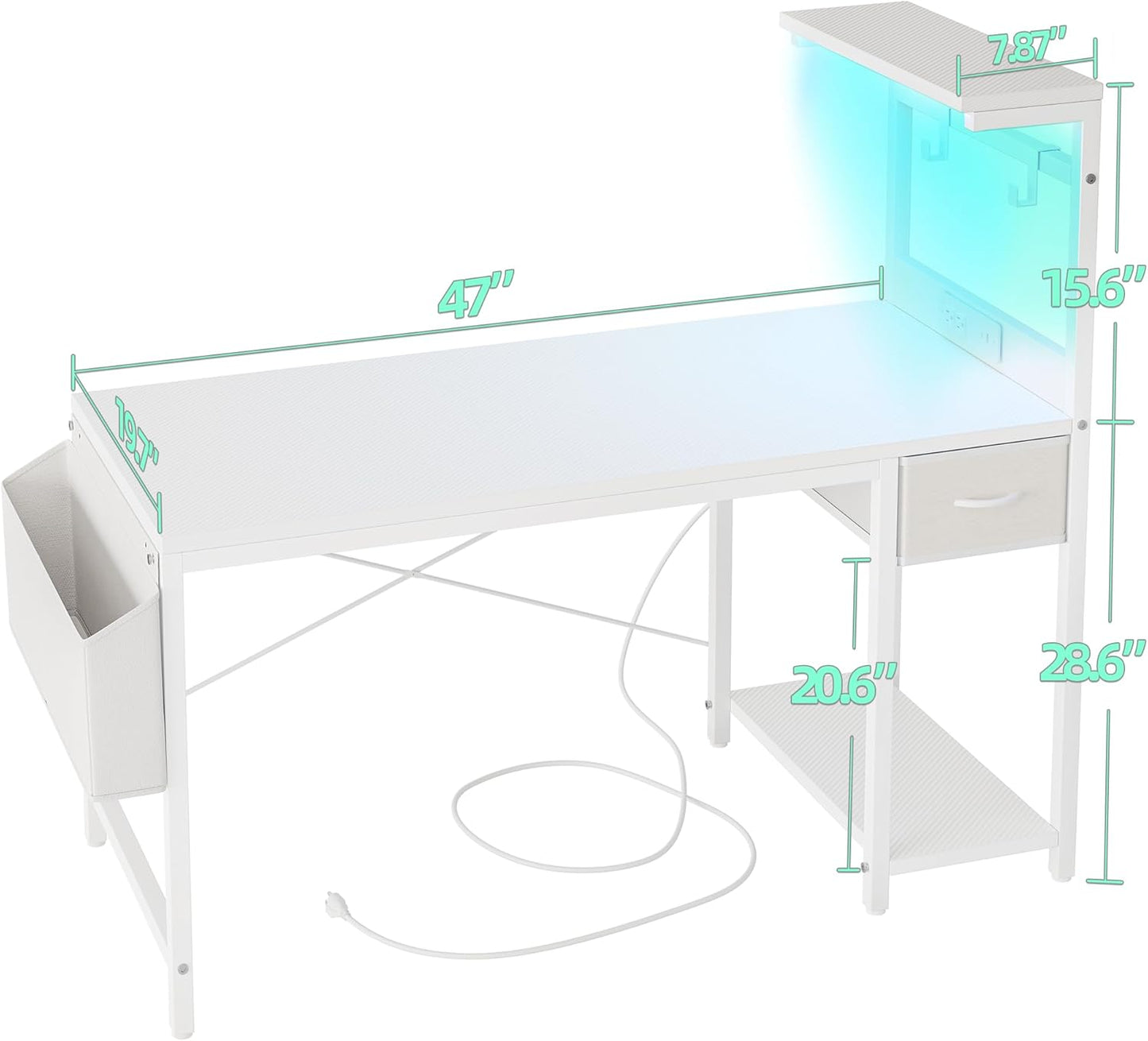 TIQLAB Gaming Desk 47 inch with Power Outlet and LED Light, Computer Desk with Reversible Shelves and Storage Drawer, Small PC Desk for Home Office Table with Bag, Carbon Fiber White