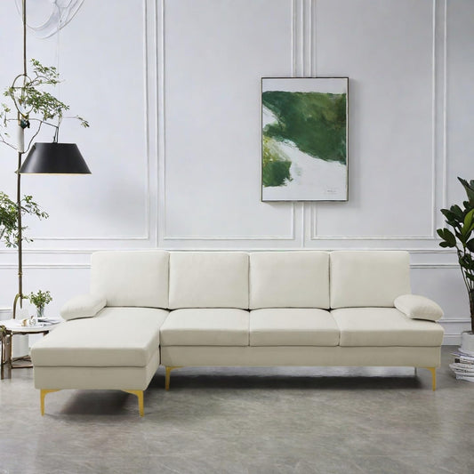 L Shape Sofa with Chaise, 4 Seat Living Room Sofa Set with Golden Wooden Leg, Sectional Couch with Fluffy Fabric, for Living Room, Apartment, Off-White