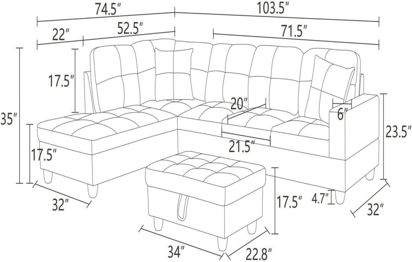 Sectional Couch with Ottoman Storage, L Shaped Sofa Furniture Sets, Modern Modular Couch Comfy Sofa for Living Room Bedroom, Dark Gray
